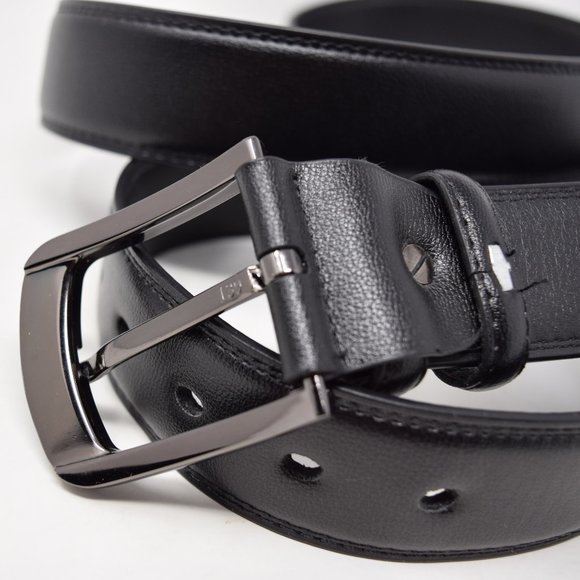 Faux Leather Belt Men 61 65 Black Career Professional Silvertone Buckle Preppy - Picture 3 of 11